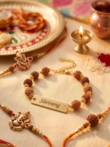Rudraksh Metal Name Rakhi – Personalized Gold Plated Rakhi for Brother
