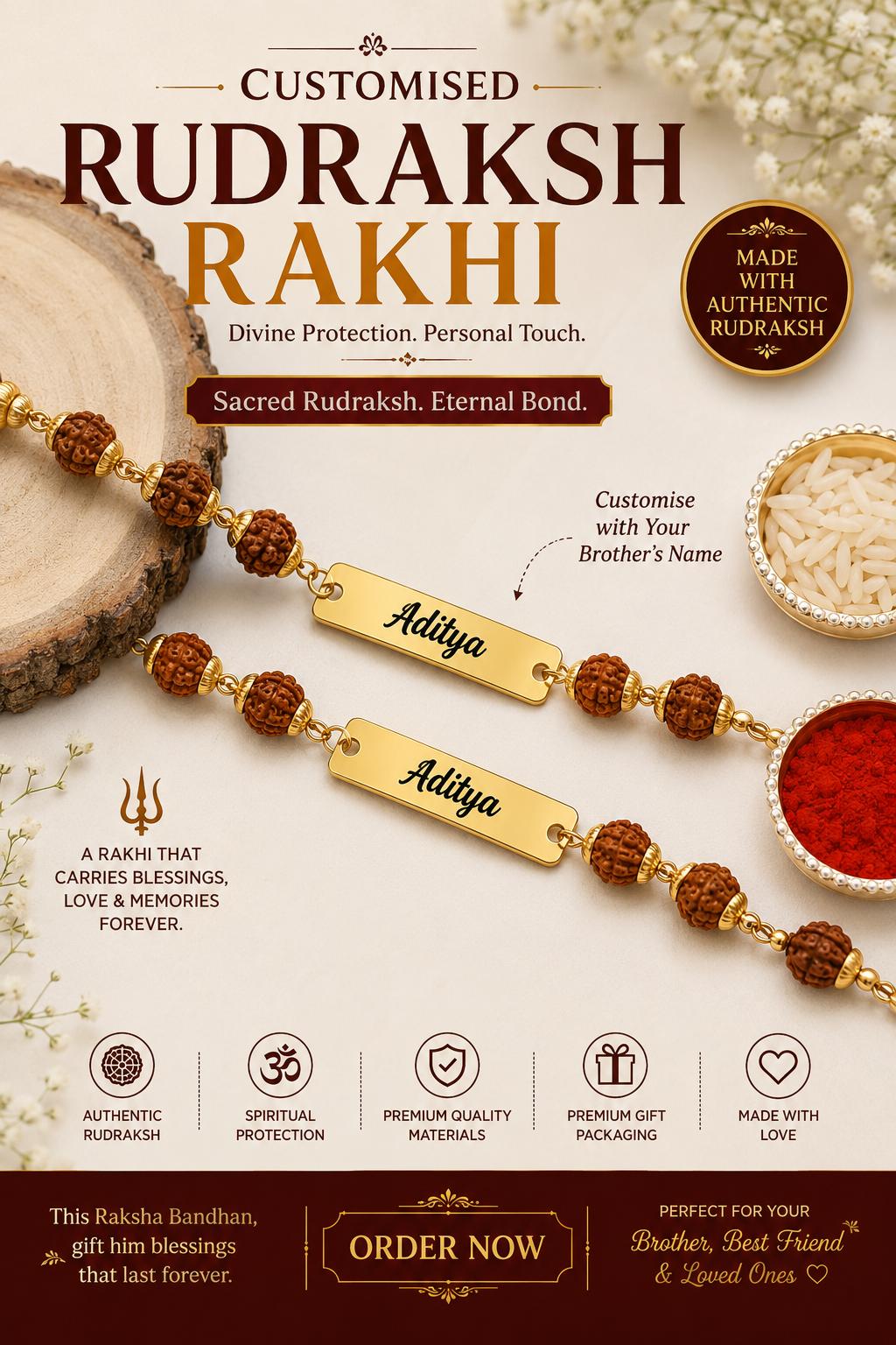 Rudraksh Metal Name Rakhi – Personalized Gold Plated Rakhi for Brother