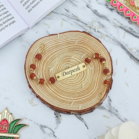 Rudraksha Rakhi with Custom Name on Brass Plate – Trending Rakhi 1.0