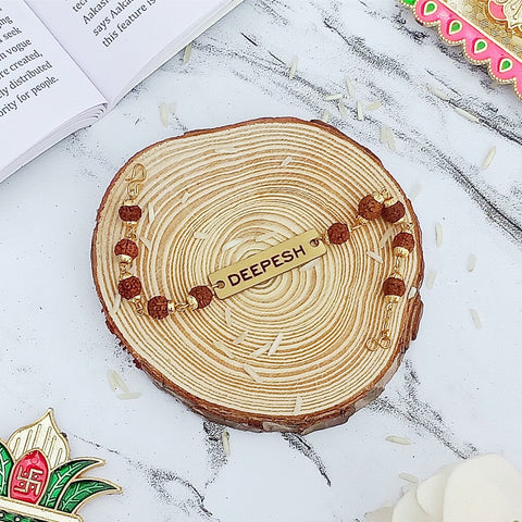 Rudraksha Rakhi with Custom Name on Brass Plate – Trending Rakhi 1.0