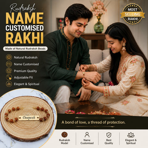 Rudraksha Rakhi with Custom Name on Brass Plate – Trending Rakhi 1.0