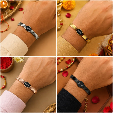 Rome Style Brass Rakhi Bracelet with Custom Name – 4 Colors | Rakhi 2.0