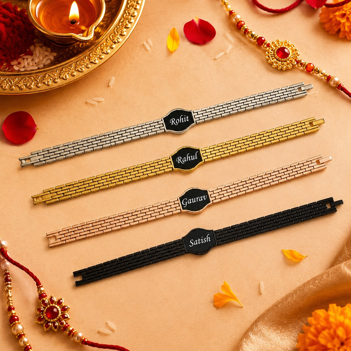 Rome Style Brass Rakhi Bracelet with Custom Name – 4 Colors | Rakhi 2.0