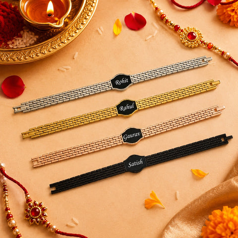 Rome Style Brass Rakhi Bracelet with Custom Name – 4 Colors | Rakhi 2.0