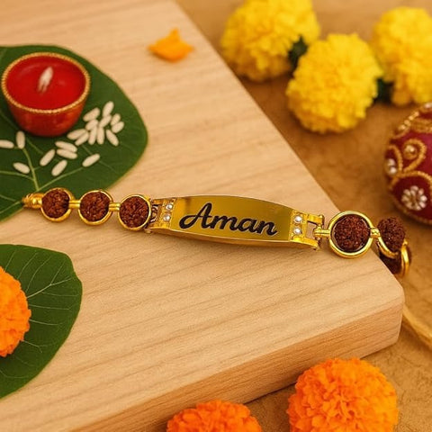 Signature Rudraksha Rakhi with Custom Name on Brass Plate – Rakhi 5.0