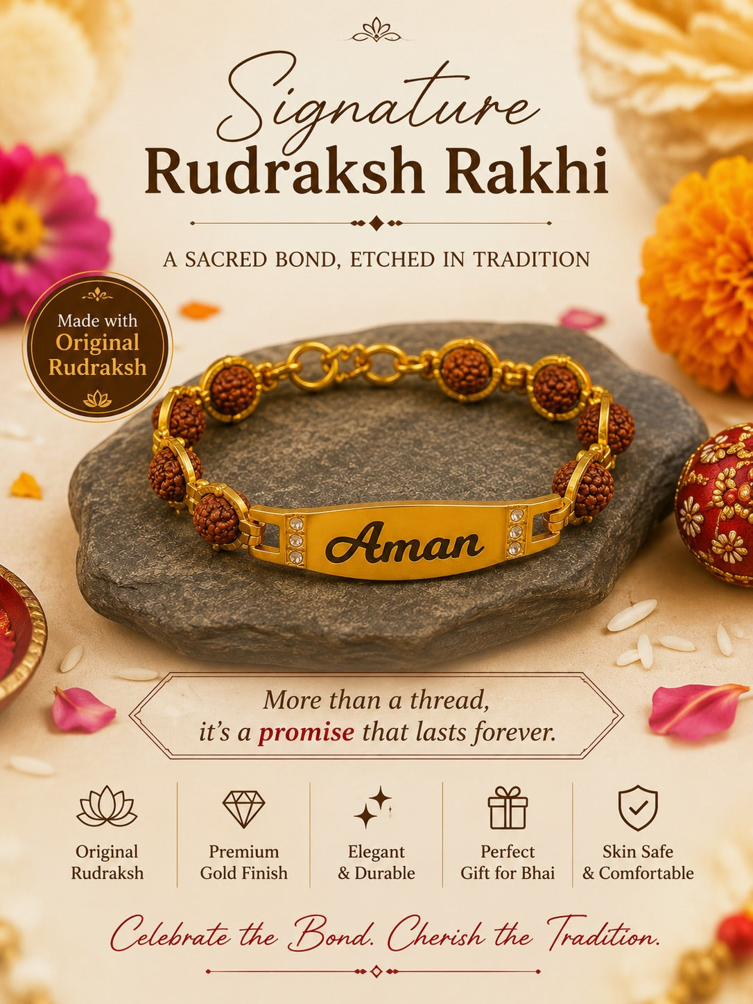 Signature Rudraksha Rakhi with Custom Name on Brass Plate – Rakhi 5.0