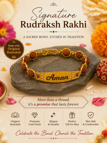 Signature Rudraksha Rakhi with Custom Name on Brass Plate – Rakhi 5.0