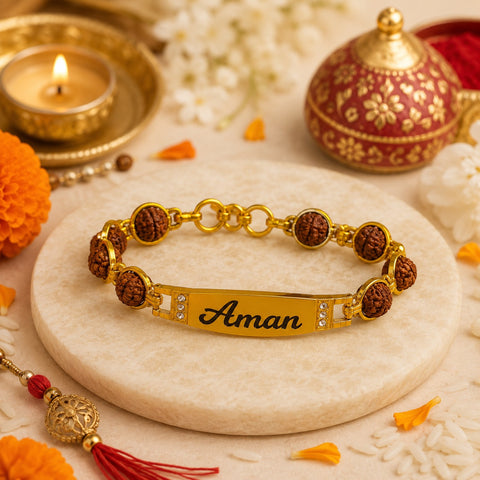 Signature Rudraksha Rakhi with Custom Name on Brass Plate – Rakhi 5.0