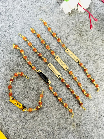 Rudraksha Rakhi with Custom Name on Golden Steel Tile – Adjustable Chain | Raksha Bandhan Gift