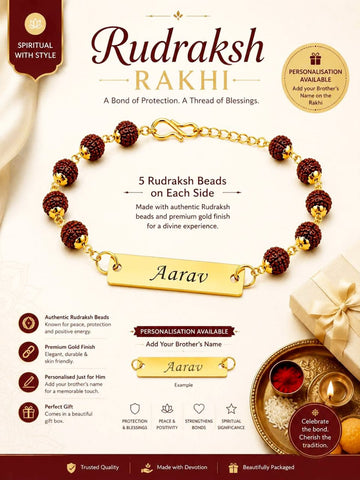 Rudraksha Rakhi with Custom Name on Golden Steel Tile – Adjustable Chain | Raksha Bandhan Gift