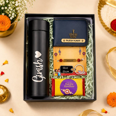 Rakhi Gift Combo for Brother – Wallet, Temperature Bottle, Rudraksha Rakhi, Keychain & Chocolate