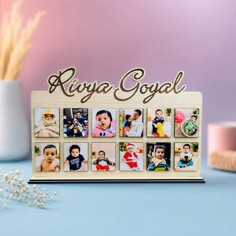 Personalized Baby Memories Wooden Table Frame – 12 Photos | UV Print & CO2 Engraved Name