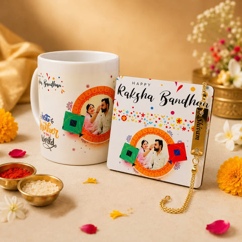 Rakhi Gift Combo for Brother – Ceramic Mug, Fridge Magnet & Golden Bracelet Rakhi