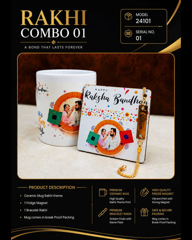 Rakhi Gift Combo for Brother – Ceramic Mug, Fridge Magnet & Golden Bracelet Rakhi