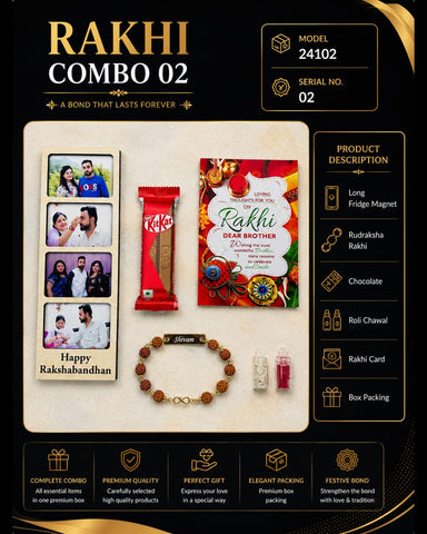 Traditional Rakhi Gift Combo for Brother – Rudraksha Rakhi, Fridge Magnet, Chocolate & Roli Chawal