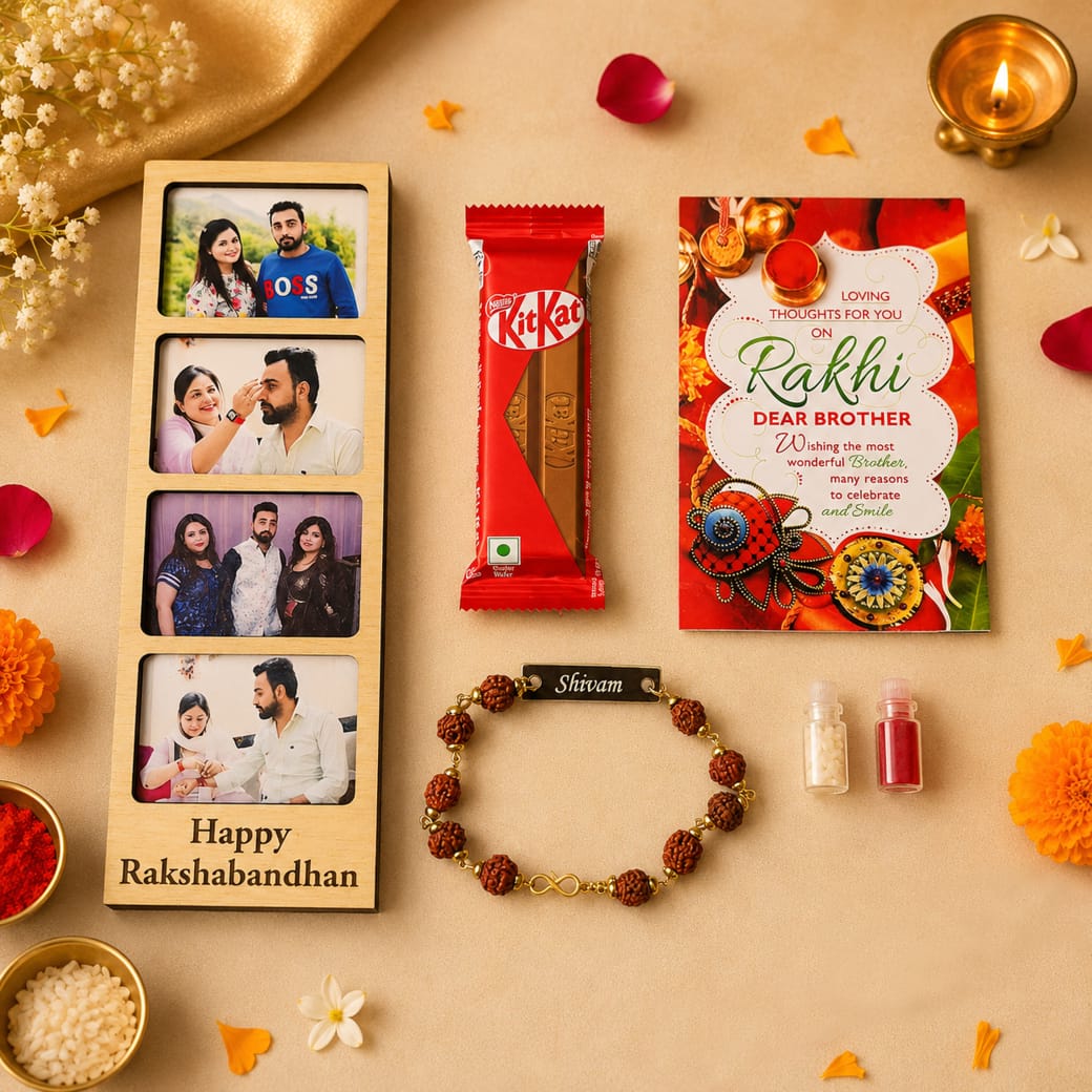 Traditional Rakhi Gift Combo for Brother – Rudraksha Rakhi, Fridge Magnet, Chocolate & Roli Chawal