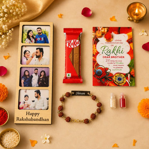 Traditional Rakhi Gift Combo for Brother – Rudraksha Rakhi, Fridge Magnet, Chocolate & Roli Chawal