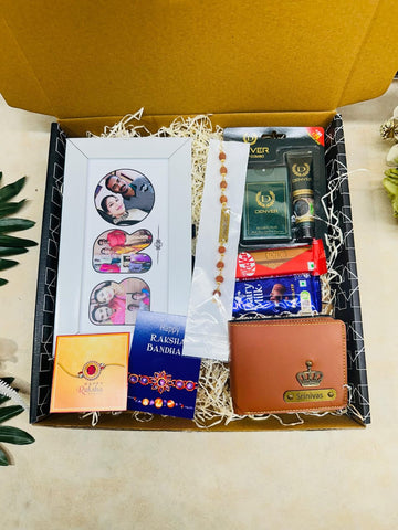 Premium Rakhi Gift Combo for Brother – Wallet, Photo Frame, Rudraksha Rakhi, Denver & Chocolates
