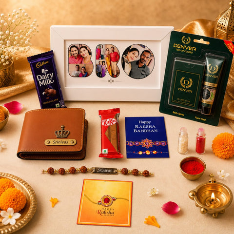 Premium Rakhi Gift Combo for Brother – Wallet, Photo Frame, Rudraksha Rakhi, Denver & Chocolates