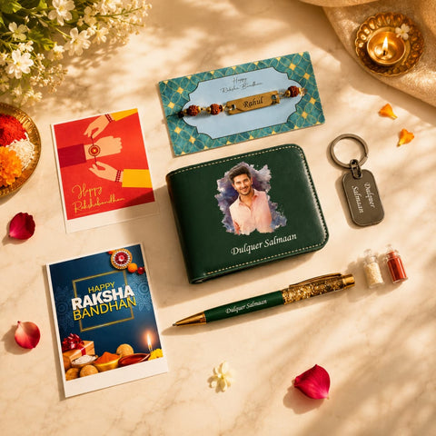 Rakhi Gift Combo for Brother – Artistic Wallet, Pen, Keychain, Rudraksha Rakhi & Roli Chawal