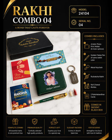 Rakhi Gift Combo for Brother – Artistic Wallet, Pen, Keychain, Rudraksha Rakhi & Roli Chawal