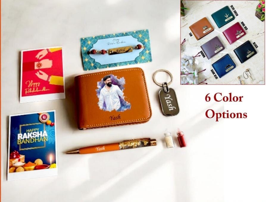 Rakhi Gift Combo for Brother – Artistic Wallet, Pen, Keychain, Rudraksha Rakhi & Roli Chawal