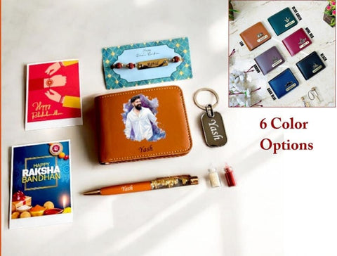 Rakhi Gift Combo for Brother – Artistic Wallet, Pen, Keychain, Rudraksha Rakhi & Roli Chawal