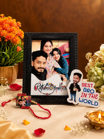Rakhi Gift Combo for Brother – Table Frame, Caricature Fridge Magnet & Wooden Rakhi | Bada Bhai Chota Bhai