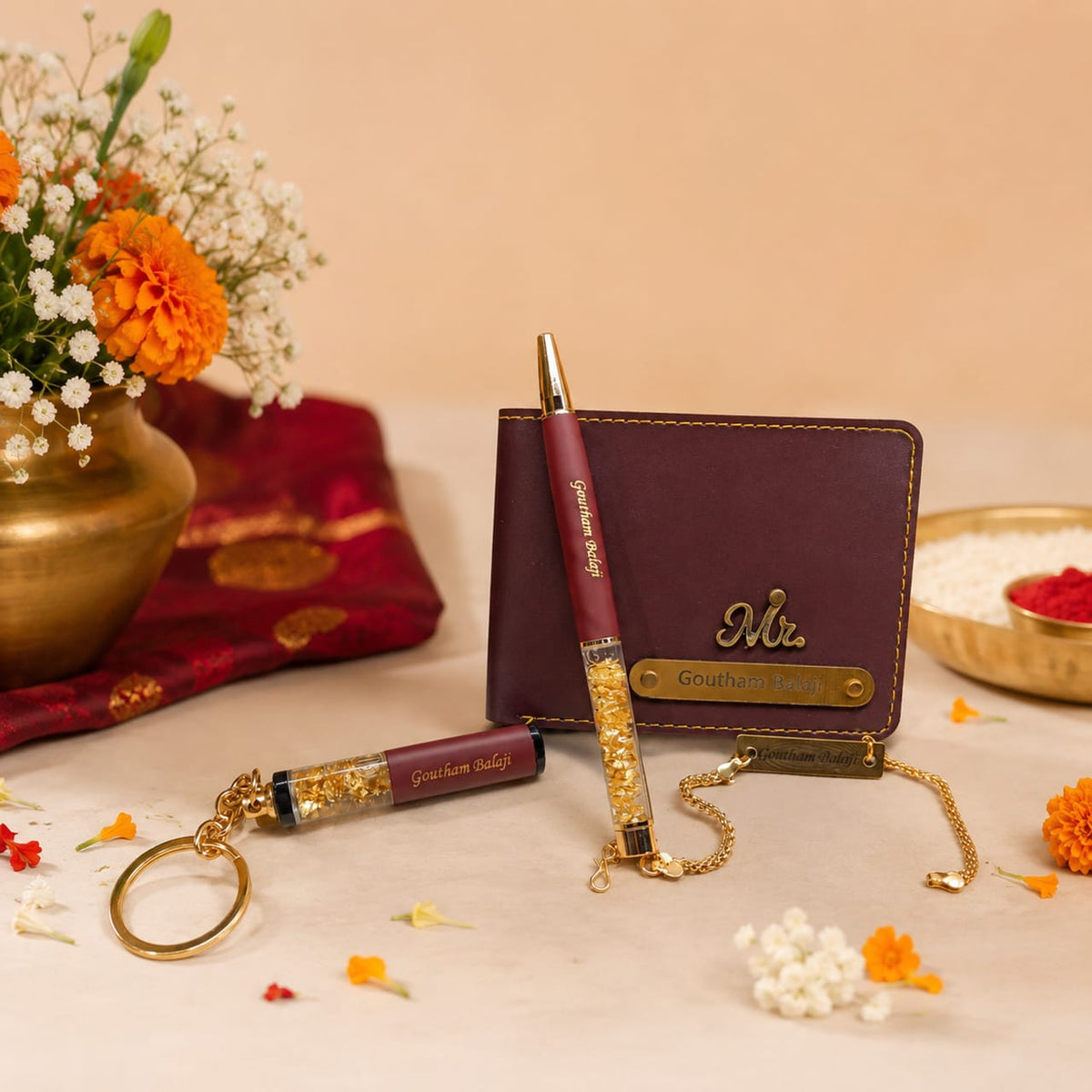 Rakhi Gift Combo for Brother – Wallet, Golden Flakes Pen, Keychain & Golden Chain Rakhi