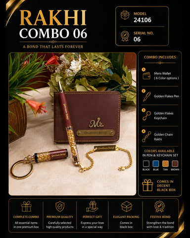 Rakhi Gift Combo for Brother – Wallet, Golden Flakes Pen, Keychain & Golden Chain Rakhi