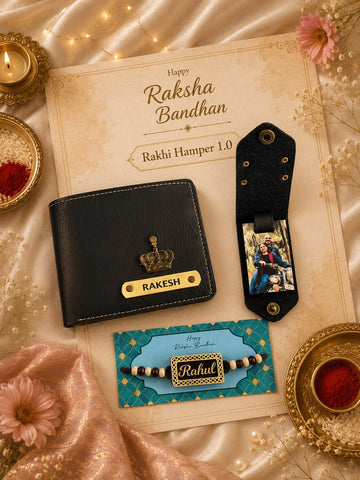 Personalised Rakhi Hamper 1.0 | Name Wallet, Photo Keychain & MDF Rakhi | Free Shipping