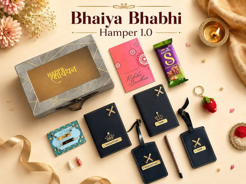 A styled flat-lay of a 'Bhaiya Bhabhi Hamper 1.0' gift set on a warm beige background.