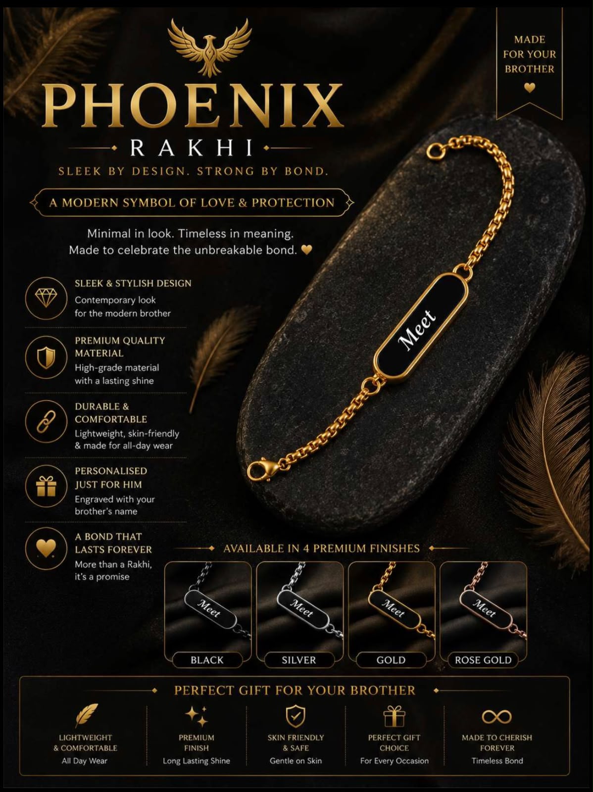 Phoenix Rakhi | Personalized Name Rakhi for Brother | 4 Premium Finishes