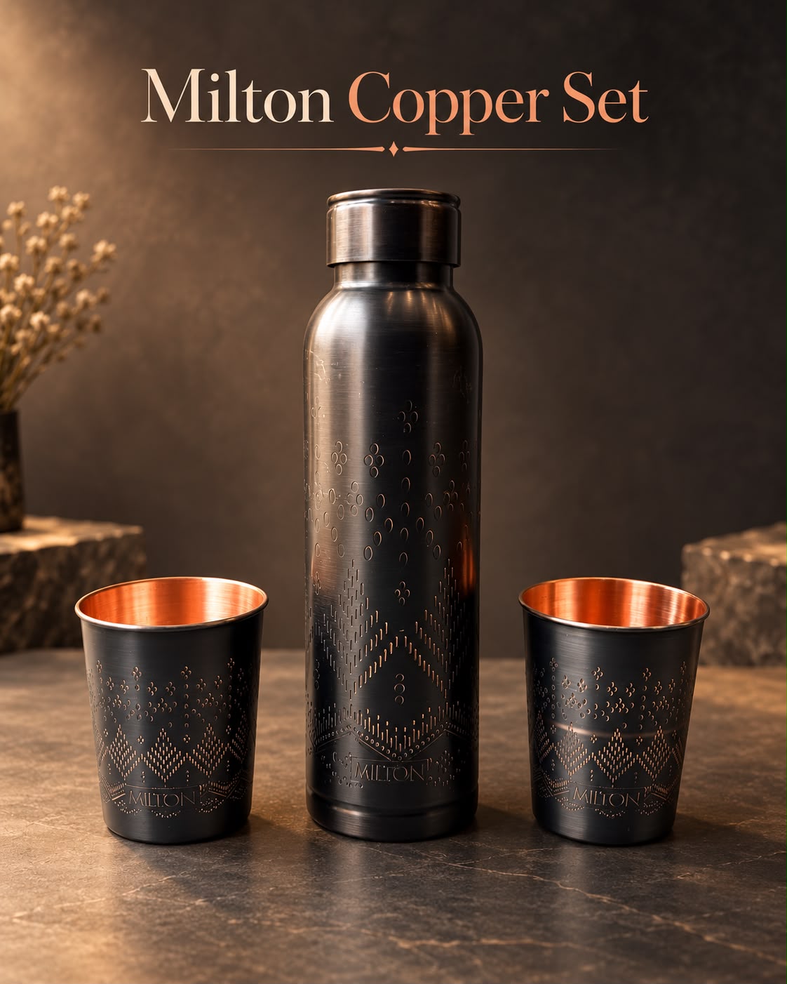 Milton Copper Bottle & 2 Glass Gift Set – 950 ml