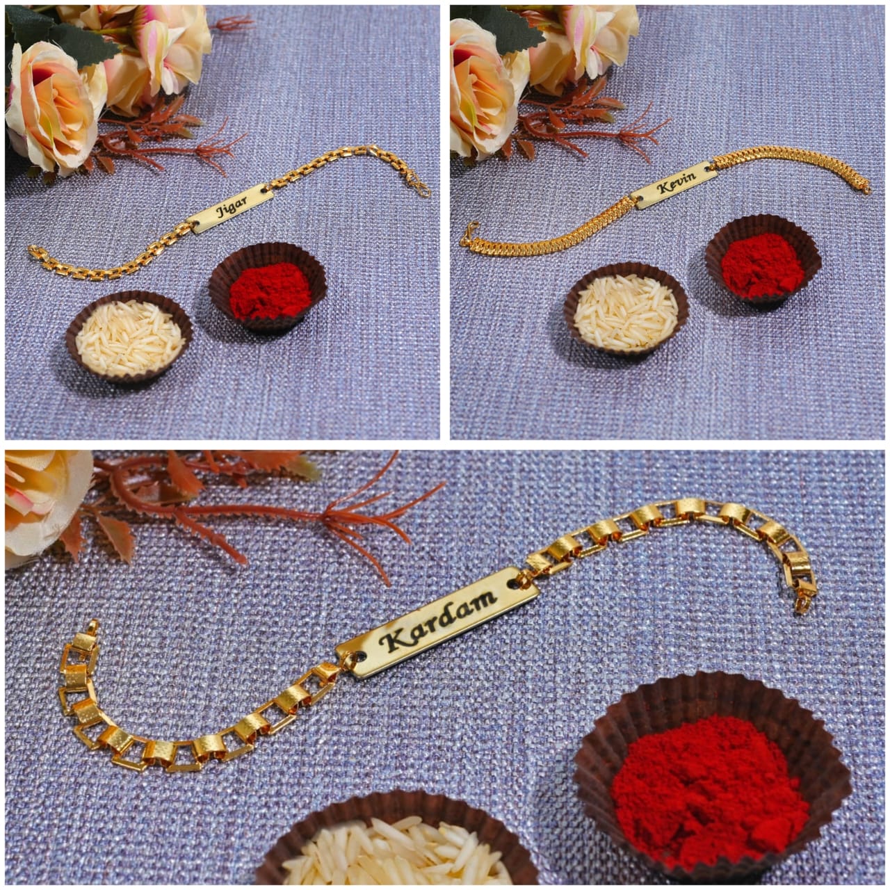 gold color bracelet rakhi with customizd name rakhi where in small 2 cups chaval and kunkum placed and beside some flowers are their
