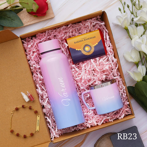 shown in picture there is one bottle and cup with name customization and rakhi also there with customization option , one chocolate is there, all are in one gift model box