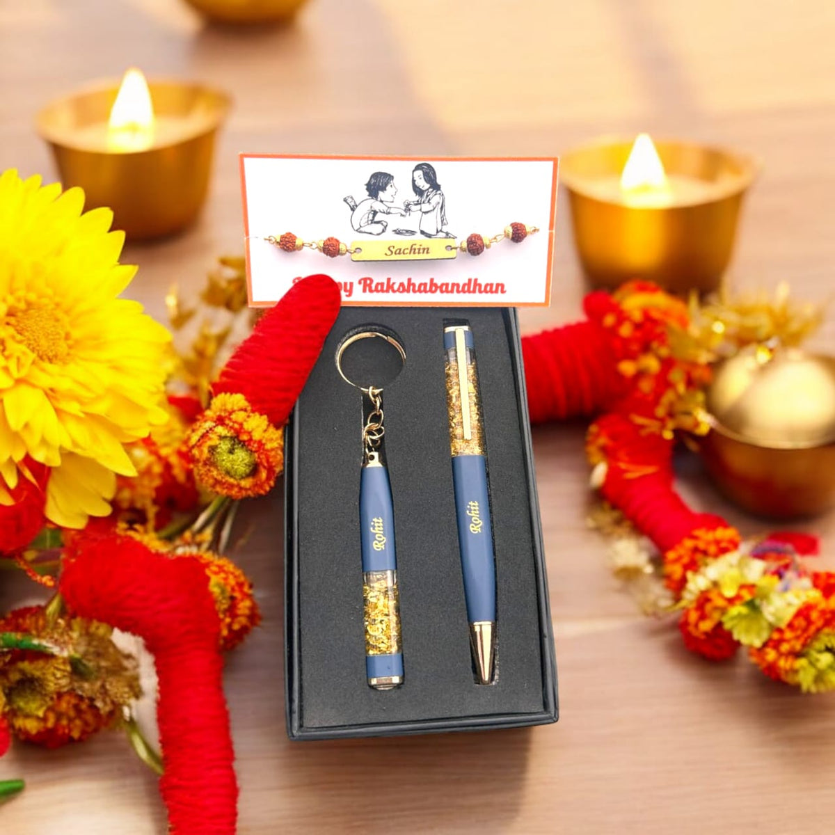 Gold Flake Cubic Pen Keychain Set|Rakhi Gifts for Brother|Personalized Rakhi Gifts