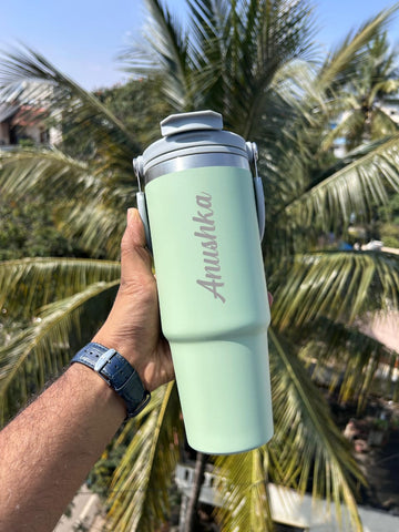 Personalized Smiley Car Cup - Custom Insulated Mug with Straw