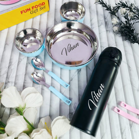 Personalized Kids Thali Set with Hot & Cold Flask | Custom Name