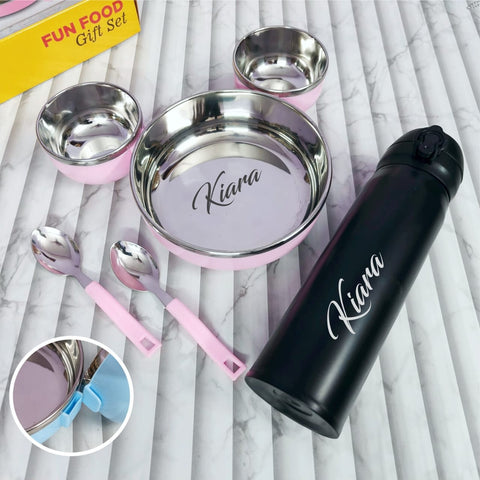 Personalized Kids Thali Set with Hot & Cold Flask | Custom Name