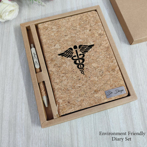 Cork diary set with pen in a box on a light wooden surface