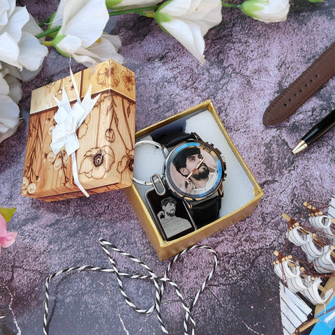 Personalized Photo Watch & Sketch Keychain Combo Gift