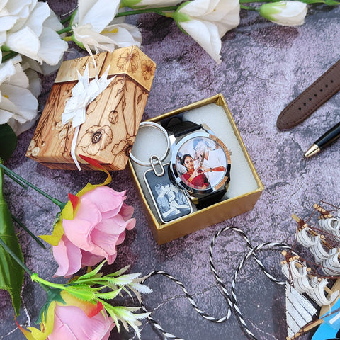 Personalized Photo Watch & Sketch Keychain Combo Gift