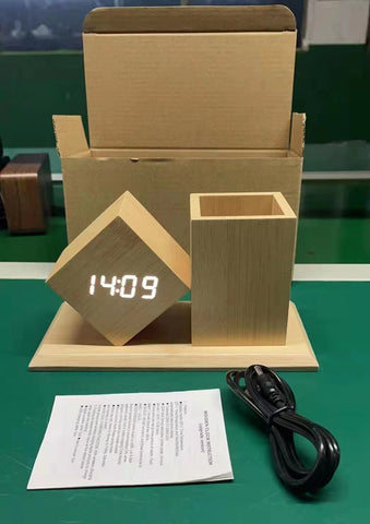 Personalized Bamboo Desk Clock & Pen Stand | USB Powered