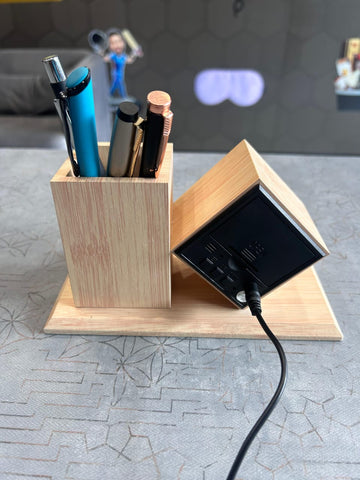 Personalized Bamboo Desk Clock & Pen Stand | USB Powered