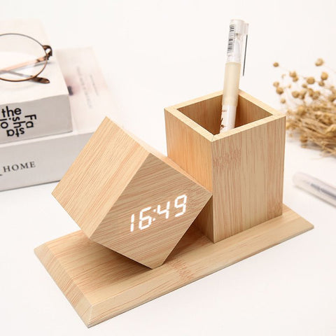 Personalized Bamboo Desk Clock & Pen Stand | USB Powered