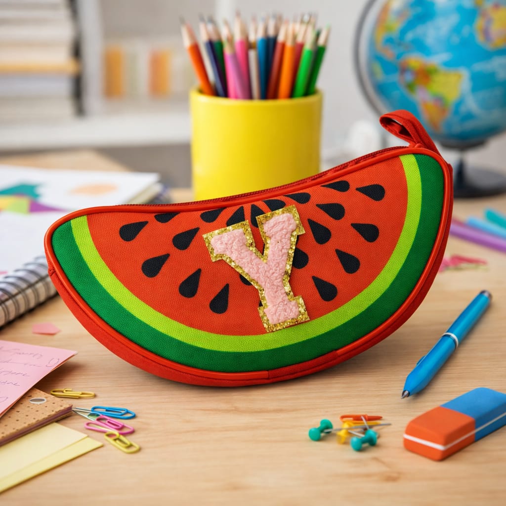 Watermelon-shaped pencil case with letter 'Y' on a desk with stationery items