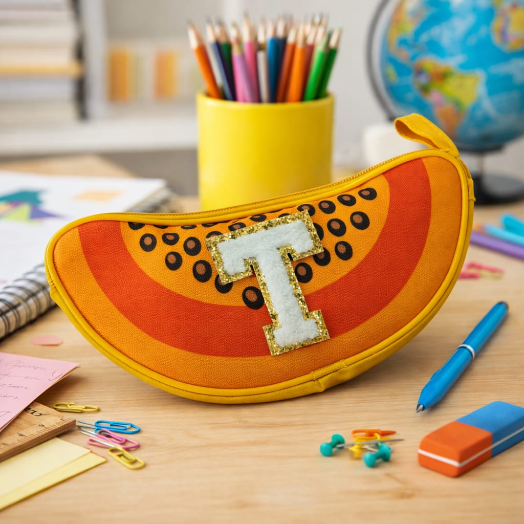 Orange and yellow pencil case with letter 'T' on a desk with stationery items