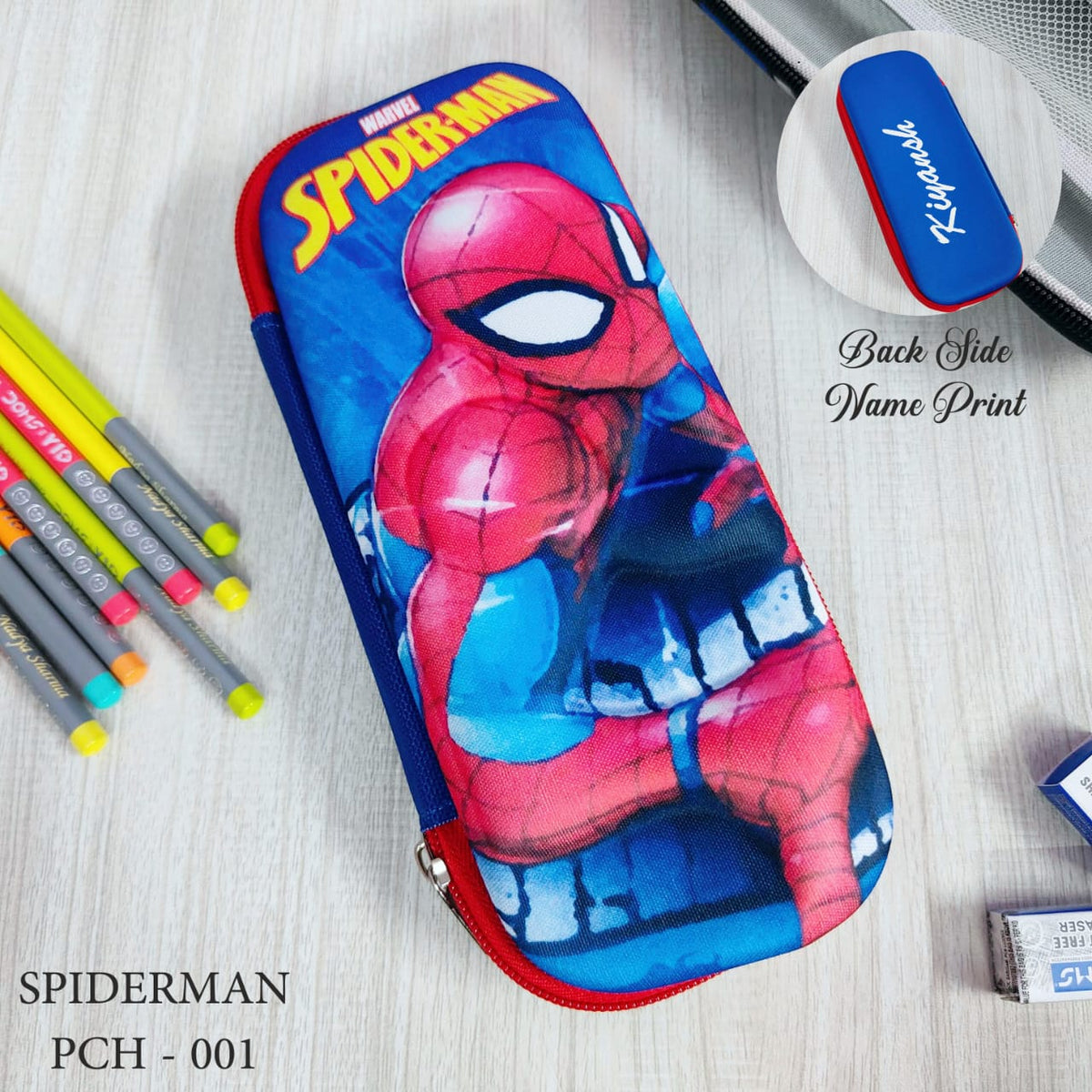 Spider-Man pencil case with stationery items on a light wooden surface