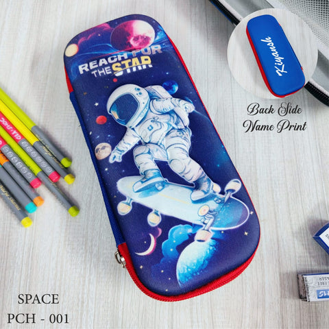 Pencil case with astronaut design on a wooden surface with stationery items.